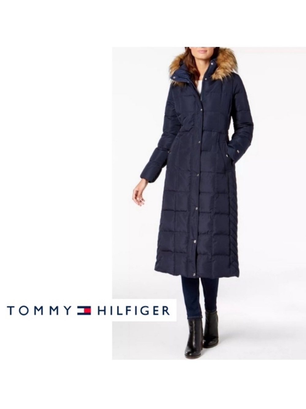 Tommy Hilfiger Navy Long Quilted Puffer Coat with Faux Fur Hood